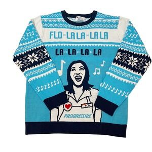 Progressive Flo La La La Ugly Christmas Sweater Mens XL Blue Holiday Musical